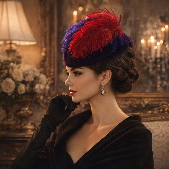 Vintage Miss Briemer Feather Fascinator Hat  Purple Velvet & Red/Cobalt Plumes main image 5